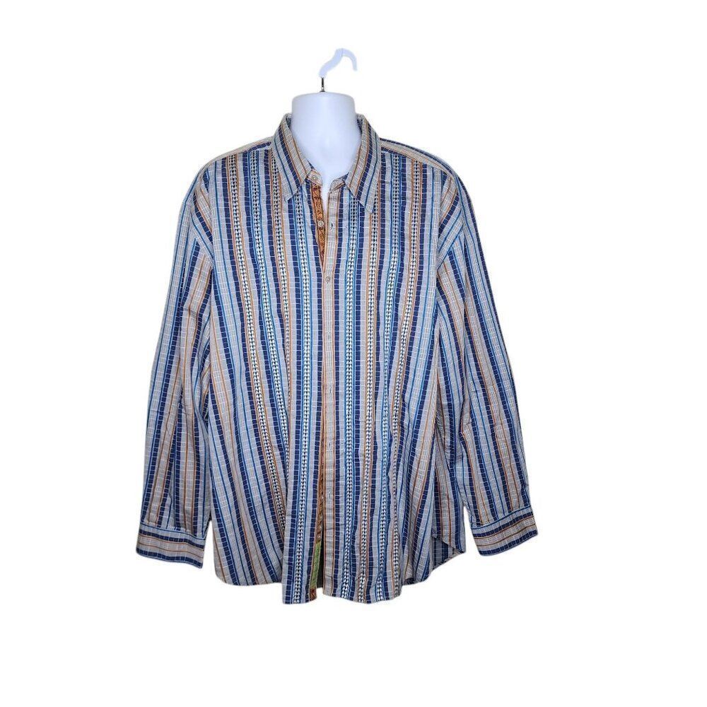 Robert Graham Striped Button Up Dress Shirt Multi Mens Size 3XL Blue Flip Cuff